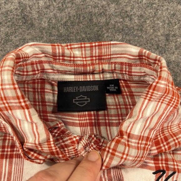 Harley Davidson Shirt Womens 2W Orange Plaid Embroidered Logo Flannel Biker Moto - Picture 7 of 14